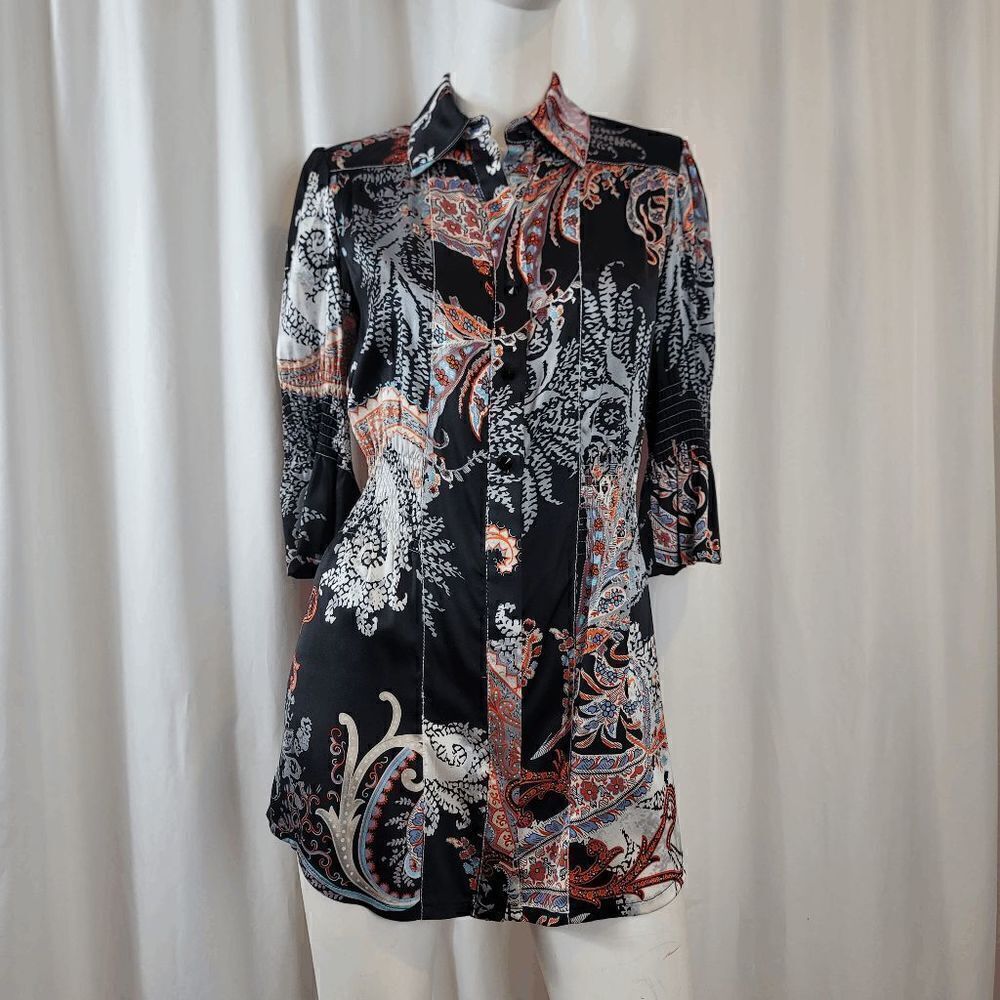 Alberto Makali womens Sz small 100% silk black paisley tunic blouse